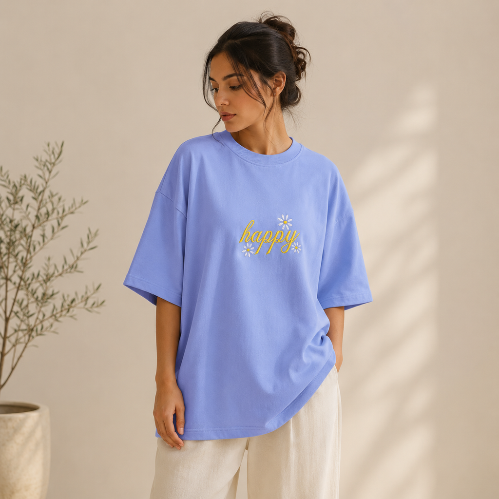 "Happy" Floral Embroidered Heavyweight Tee