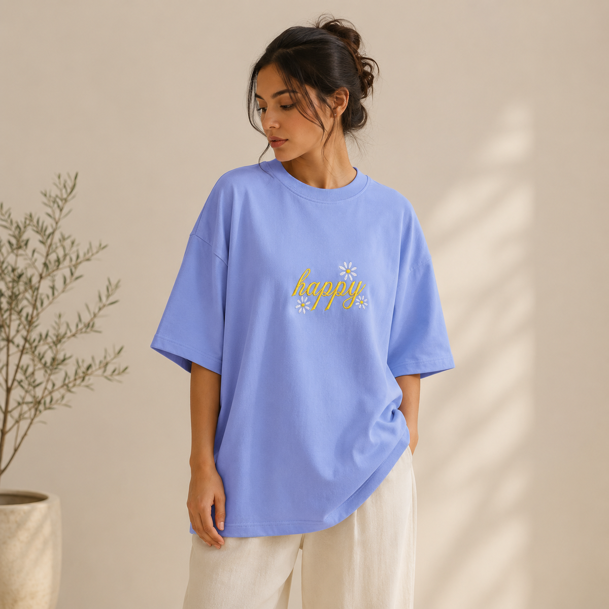 "Happy" Floral Embroidered Heavyweight Tee