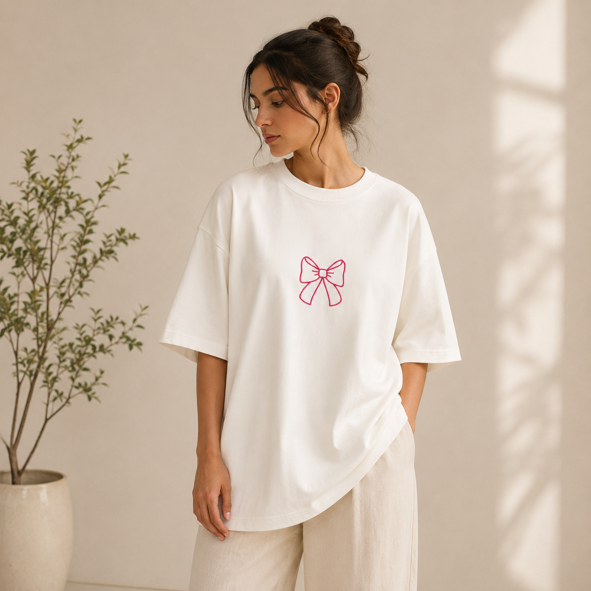 Embroidered Bow Drop-Shoulder Tee